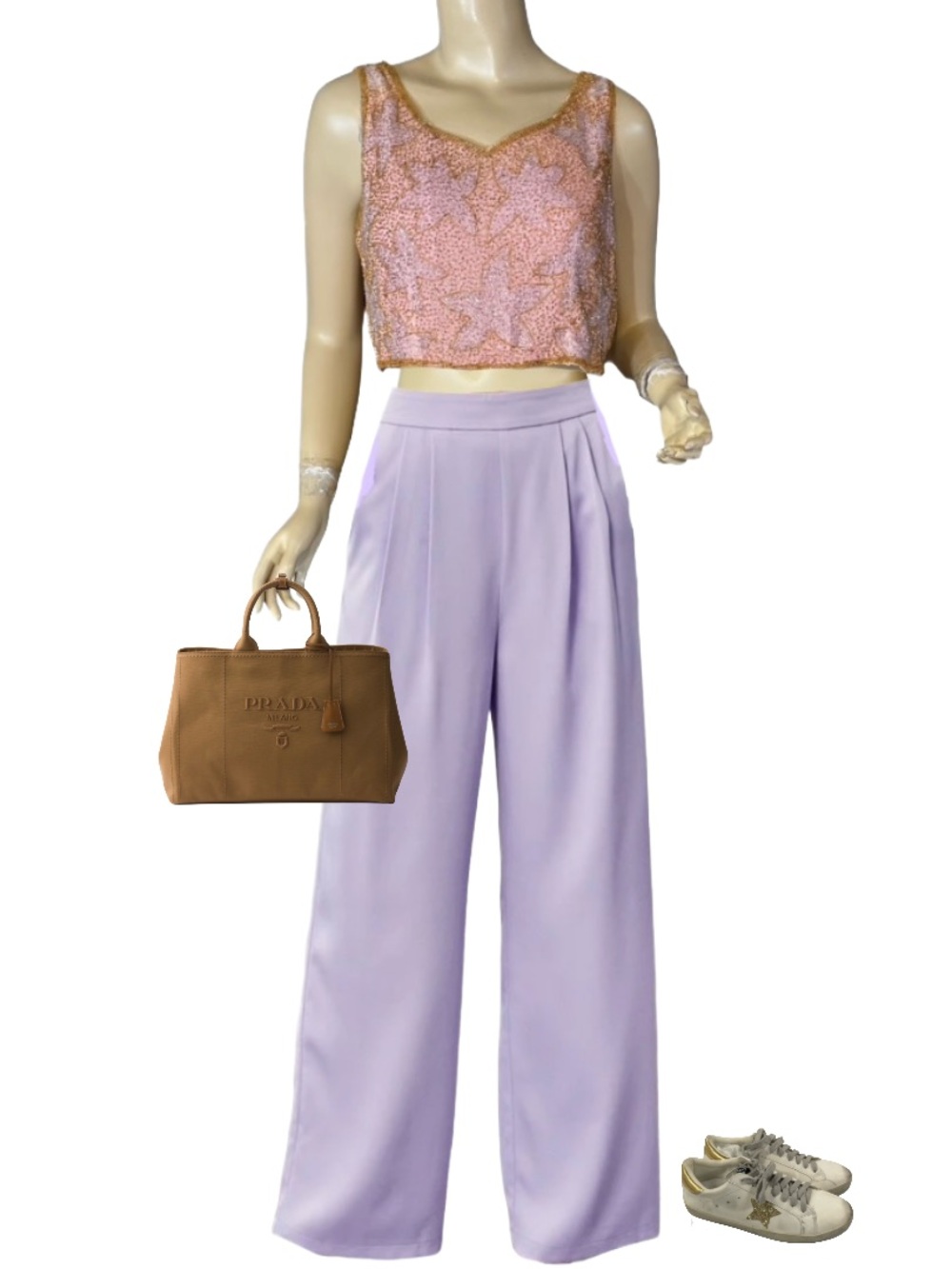 VINTAGE 1990'S INTERLUDE PINK, PURPLE & GOLD BEADED STAR PRINT CROPPED TOP (XL)
